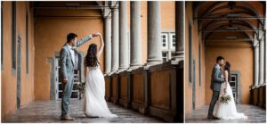 Brautpaar tanz nach ihrer Hochzeit am Schloss Rheydt